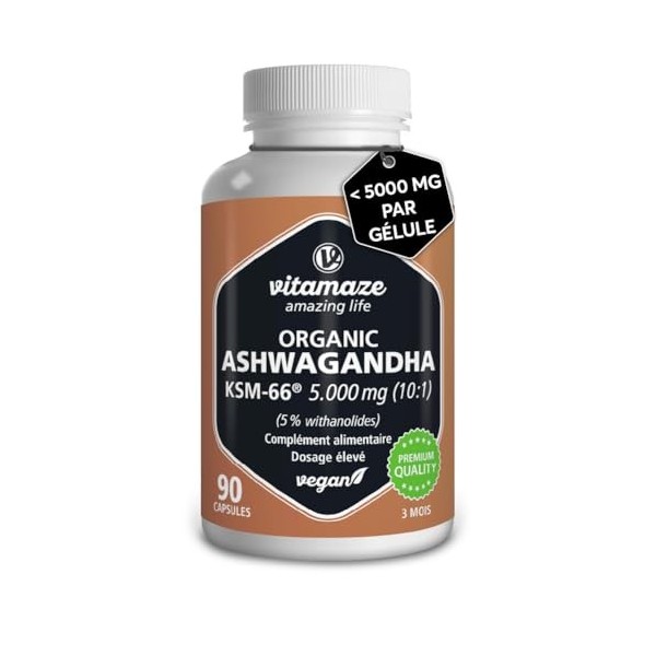 Ashwagandha KSM-66® - 5000 mg d’Ashwagandha pur, 500 mg d’extrait 10-15:1 , 5% withanolides, 90 gélules véganes, extrait de 