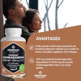 Ashwagandha KSM-66® - 5000 mg d’Ashwagandha pur, 500 mg d’extrait 10-15:1 , 5% withanolides, 90 gélules véganes, extrait de 