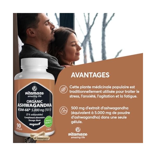 Ashwagandha KSM-66® - 5000 mg d’Ashwagandha pur, 500 mg d’extrait 10-15:1 , 5% withanolides, 90 gélules véganes, extrait de 
