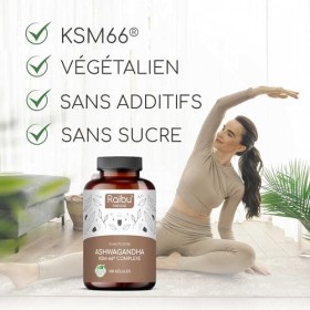 Raibu Ashwagandha KSM-66 200 Gélules - Jusquà 7% Withanolides - 1334mg par dose journalière du Complexe Ashwagandha - Sans A