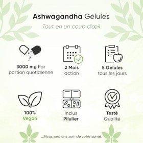 Ashwagandha Lot de 365 gélules | Portion quotidienne de 3000 mg | Boîte à pilules incluse | Baie endormie indienne | Hautemen