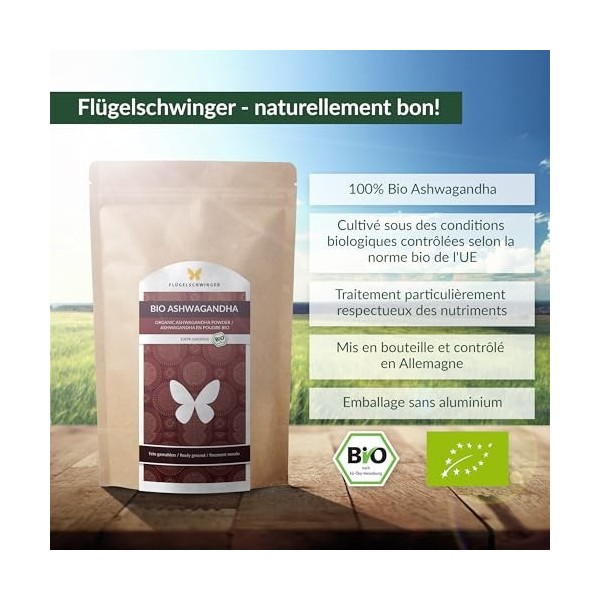 1kg de poudre dAshwagandha BIO, cultivée et produite selon le standard bio de lUE, mise en bouteille et contrôlée en Allema
