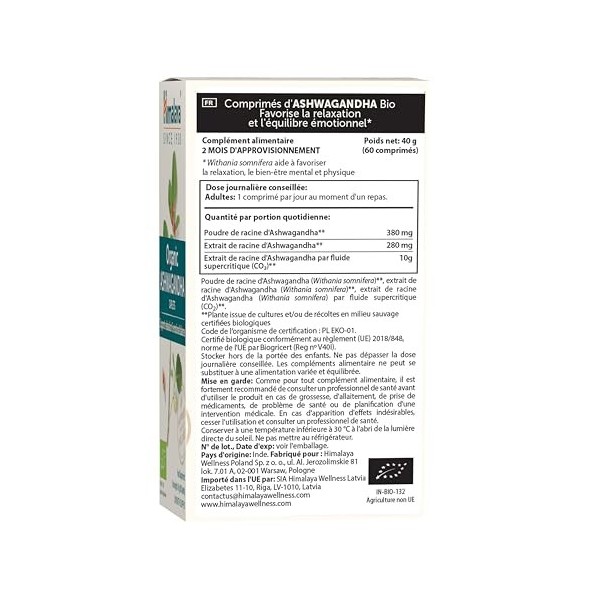 Himalaya Organic Ashwagandha, 60 jours dapprovisionnement, supplément à base de plantes pour le soulagement du stress, sans 