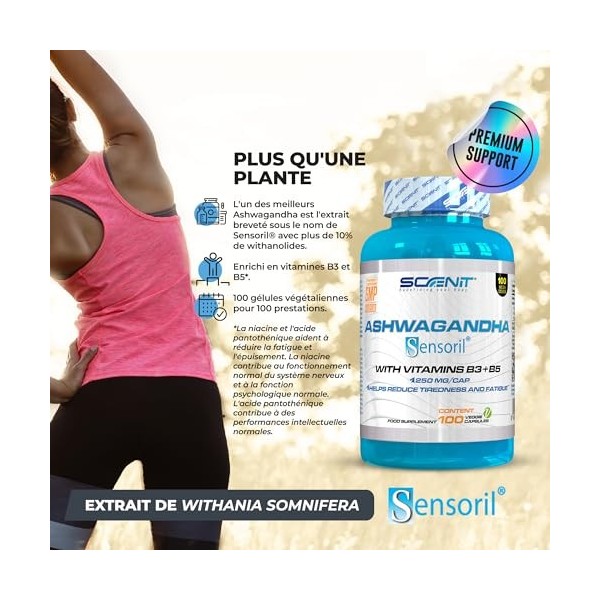 Ashwagandha Sensoril® avec plus de 10% de withanolides - Ashwagandha Gelules - Avec Vitamine B3 et Vitamine B5-250 mg par cap