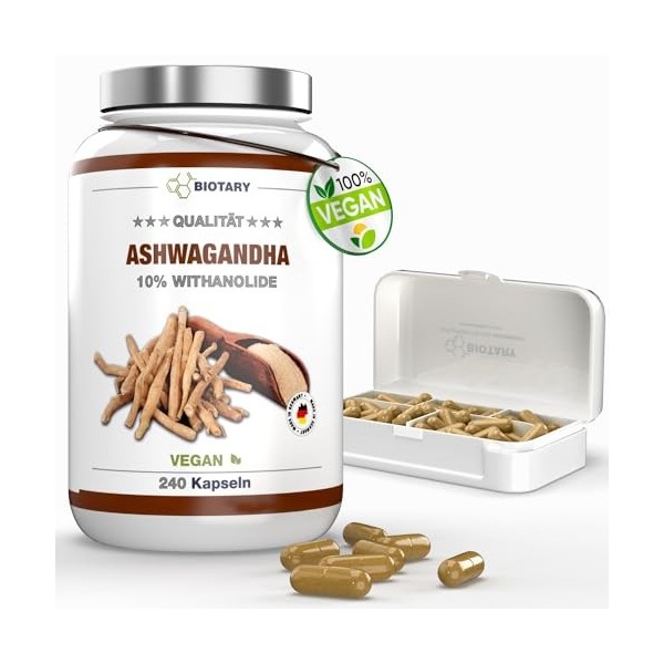 Ashwagandha Extrait 240 gélules, 10% withanolides, y compris pilulier, 1500mg portion journalière, 4 mois dapprovisionnement
