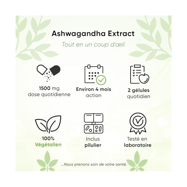 Ashwagandha Extrait 240 gélules, 10% withanolides, y compris pilulier, 1500mg portion journalière, 4 mois dapprovisionnement