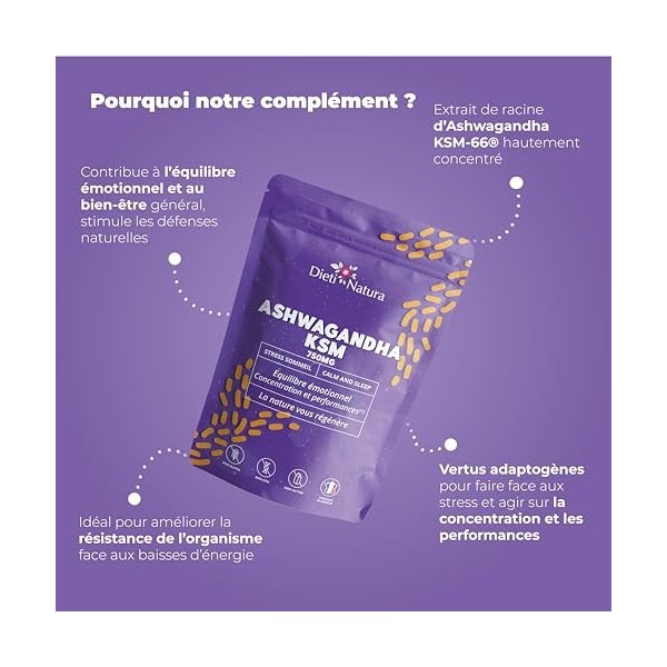 DIETI NATURA - Ashwagandha - Défenses Immunitaires - Complément Alimentaire Stress - Sans OGM, Sans Gluten & Sans Lactose - F