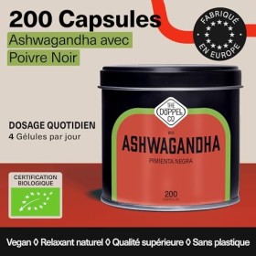 Ashwagandha Gélules 2160mg - 200 Gélules Végétales - Racine dAshwagandha Bio avec Poivre Noir - Withania Somnifera Absorptio