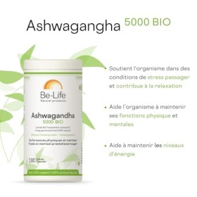 BE-LIFE | Ashwagandha 5000 bio | Complément alimentaire certifié bio | Résistance au stress, favorise la détente, fortifie l’