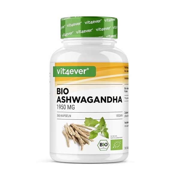 Original Organic Ashwagandha - 365 Capsules - Fortement dosé avec 1950mg par portion quotidienne - Véritable baie du sommeil 