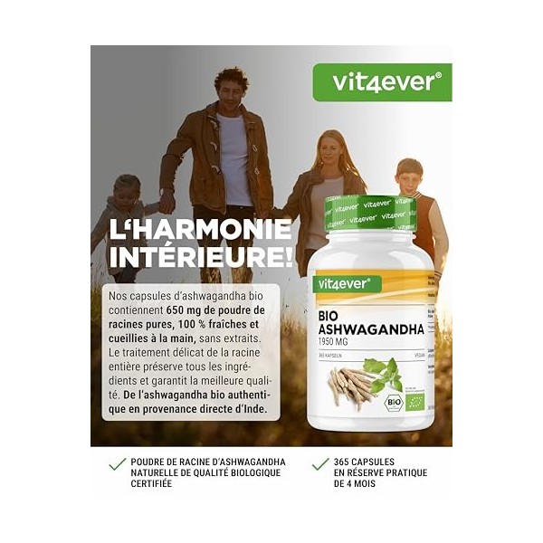 Original Organic Ashwagandha - 365 Capsules - Fortement dosé avec 1950mg par portion quotidienne - Véritable baie du sommeil 