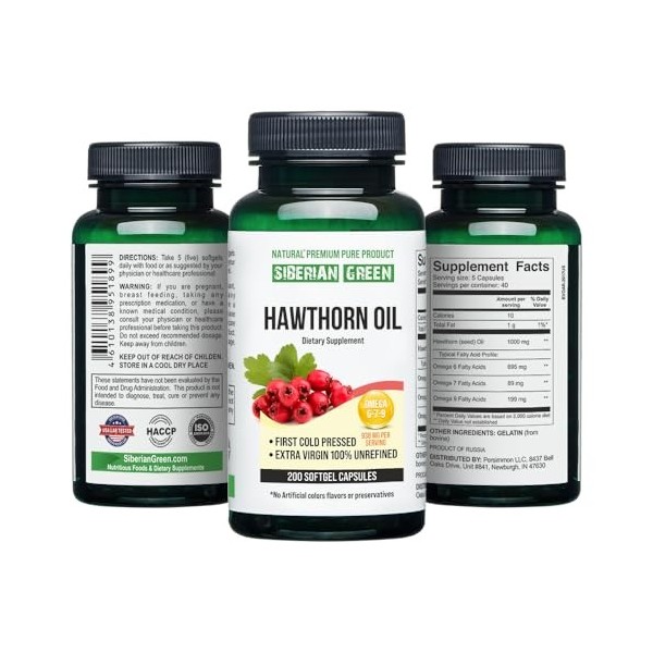 Siberian Green Lot de 200 capsules dhuile de graines daubépine sauvages récoltées Sibérie Altaï pressées à froid non raffin