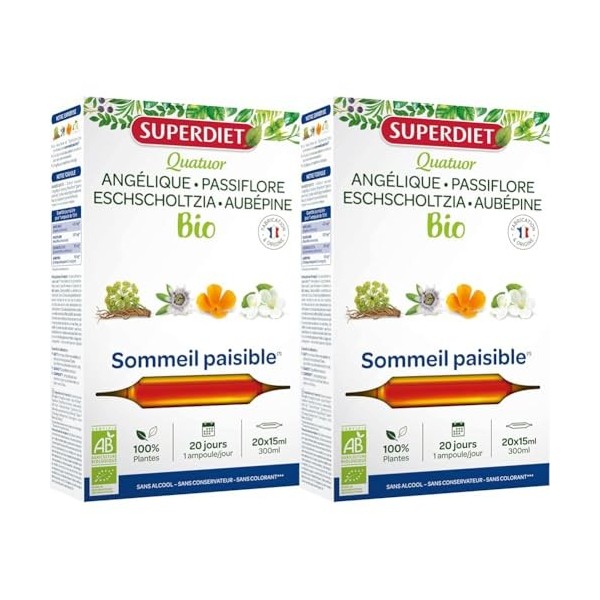 SuperDiet Quator Passiflore Aubépine Angélique Eschoscholzia 20 ampoules de 15ml soit 300ml - BIO Lot de 2 