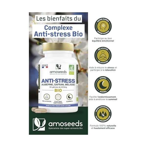 Anti-stress BIO | Aubépine, Safran, Mélisse | Équilibre Émotionnel, Relaxation, Réduit la Tension Nerveuse | 90 gélules de 42