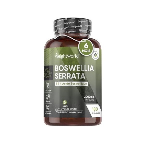 Boswellia Serrata 2000mg - 180 Gélules Vegan - Avec 85% d’Acide Boswellique - Encens Indien, Alternative à l’Harpagophytum - 