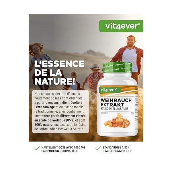 Extrait dencens - 365 gélules - Premium : 85% dacide boswellia - Fortement dosé avec 1000 mg par dose quotidienne - Boswell