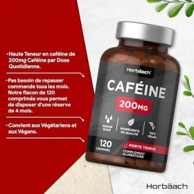 Cafeine Gelules 200 mg | 120 comprimés végétaliens | Supplément de Caffeine à fortes doses | Horbaach
