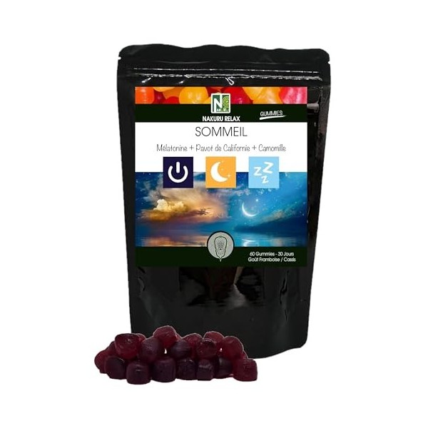 NAKURU | Sommeil Gummies | Gamme Relax | Saveur: Framboise + Cassis |Fabriqué en France | "Mélatonine + Pavot de Californie +