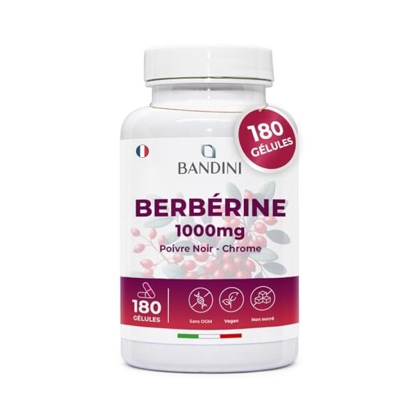Bandini® Berbérine 1000 mg - 180 gélules pour 3 mois - Berberis Aristata avec Chrome et Poivre noir naturel - Haute absorptio