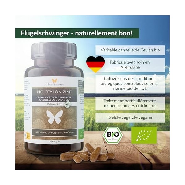 240 capsules de cannelle de Ceylan BIO pour 4 mois, hautement dosées, fabriquées en Allemagne, qualité bio certifiée, 100% na