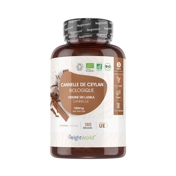 Cannelle de Ceylan Bio 1000mg - 180 Gélules Vegan 3Mois - Source de Vitamine A, Vitamine K, Potassium - Cannelle Bio Ceylan