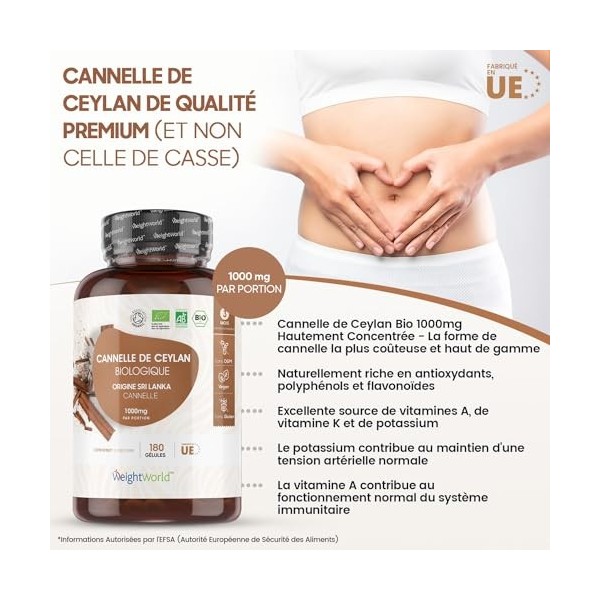 Cannelle de Ceylan Bio 1000mg - 180 Gélules Vegan 3Mois - Source de Vitamine A, Vitamine K, Potassium - Cannelle Bio Ceylan
