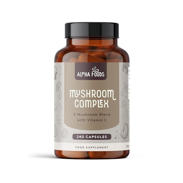 Complexe de Champignons | 240 Gélules Végétaliennes | Super Mélange de Maitake, Shiitake, Chaga, Cordyceps, Reishi, Lions Man