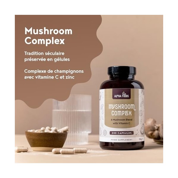 Complexe de Champignons | 240 Gélules Végétaliennes | Super Mélange de Maitake, Shiitake, Chaga, Cordyceps, Reishi, Lions Man