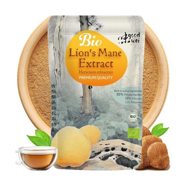 Lions Mane Extrait BIO Hericium Erinaceus | Crinière de Lion - Concentration&Mémoire | 30% Polysaccharides, 20% Bêta-Glucan