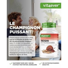 Champignon Reishi - 300 gélules avec 650 mg dextrait - 40% de polysaccharides bioactifs - 5 mois dapprovisionnement - Champ