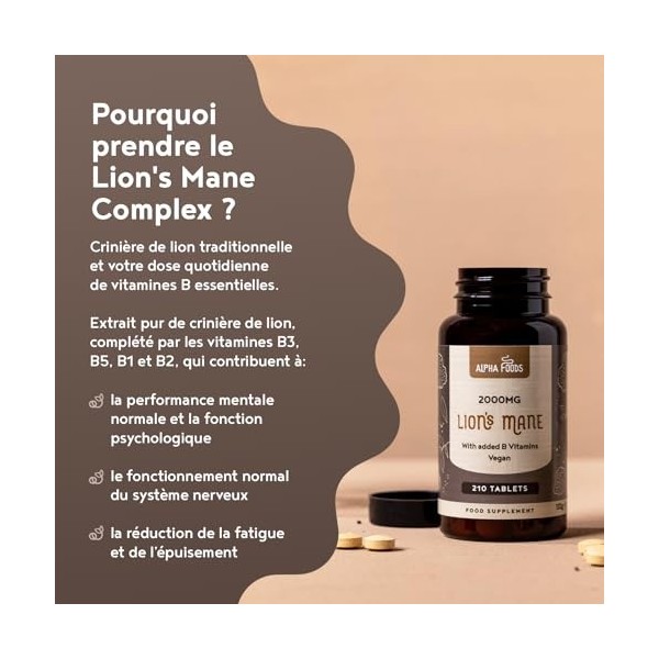 Criniere de Lion 2000 mg | 210 Comprimés Végan de Lions Mane Mushroom | Haute Concentration Dextrait 12:1 | Hericium Erinace