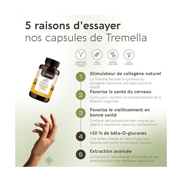 Gélules de champignon trémelle fucus - Complément ultra-concentré pour avoir une peau hydratée, la beauté et une mémoire amél