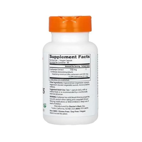 Doctors Best - Ultra Cordyceps | Complément alimentaire naturel pour soutenir lénergie et lendurance - 60 gélules