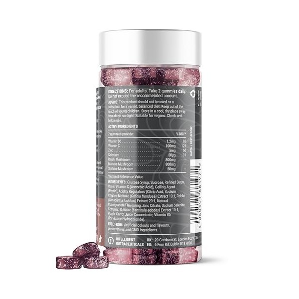 Bonbons immunitaires aux champignons – Reishi, Maitake, vitamine C, zinc & sélénium – Saveur grenade – 60 gummies véganes, 1 