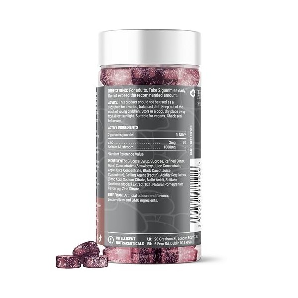 Bonbons savoureux Shiitake – 1000mg de champignon Shiitake, zinc – Cheveux, peau & ongles – Saveur cerise – 60 gummies végane