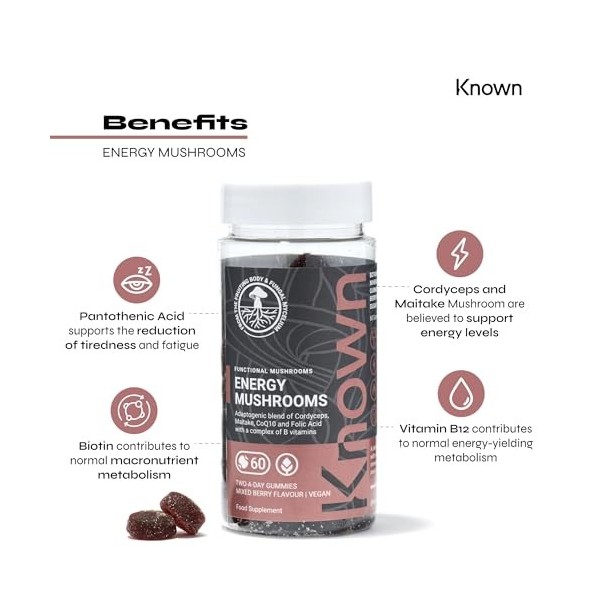 Bonbons énergétiques aux champignons – Vitamines B & Cordyceps – Énergie & Fatigue – Saveur fruits rouges – 60 gummies végane