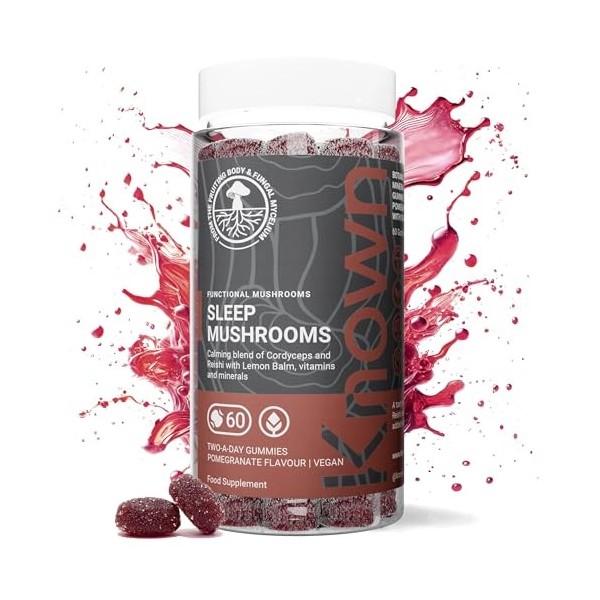 Bonbons savoureux Sleep Mushrooms – Reishi, Cordyceps, vitamine B – Réduit la fatigue – Saveur grenade – 60 gummies véganes, 