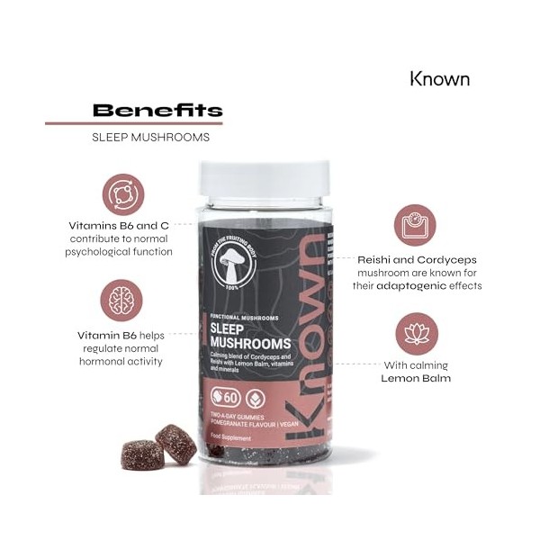 Bonbons savoureux Sleep Mushrooms – Reishi, Cordyceps, vitamine B – Réduit la fatigue – Saveur grenade – 60 gummies véganes, 