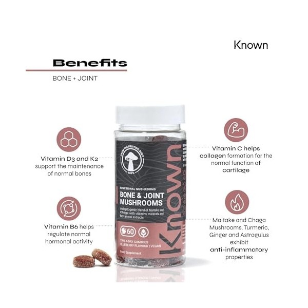 Gommes de Champignons Soutien Os & Articulations avec Maitake, Chaga, Vitamine D3 & K2 | Délicieuse Saveur Naturelle de Myrti