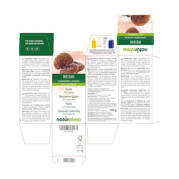 Ganoderme luisant ou Reishi Ganoderma lucidum champignon Naturalma - 150 g - 300 comprimés - Complément alimentaire - Natur