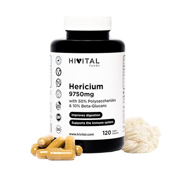 Hericium Erinaceus 9750 mg. 120 gélules végétaliennes pour 4 mois. Extrait de Crinière de Lion avec 50% Polysaccharides et 10