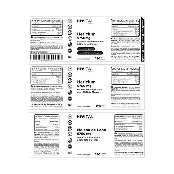 Hericium Erinaceus 9750 mg. 120 gélules végétaliennes pour 4 mois. Extrait de Crinière de Lion avec 50% Polysaccharides et 10