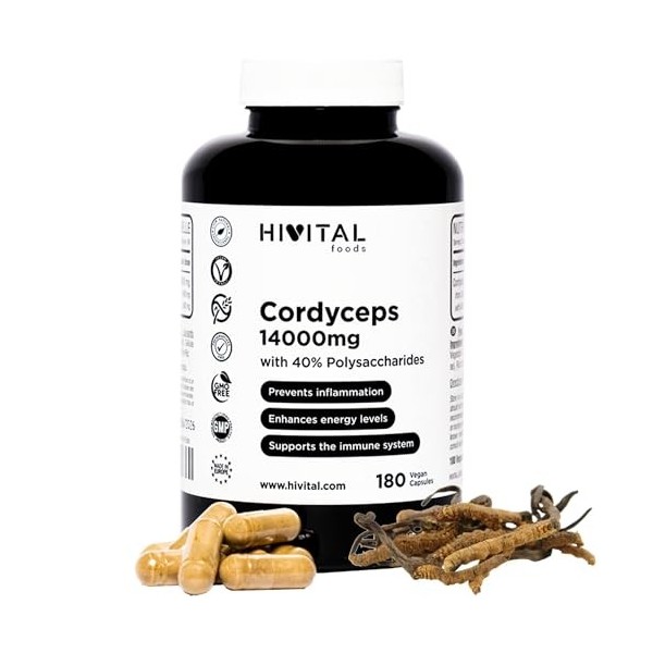 Cordyceps 14000 mg. 180 gélules végétaliennes pour 3 mois. Cordyceps Sinensis CS-4 avec 40% de polysaccharides. Extrait Natur