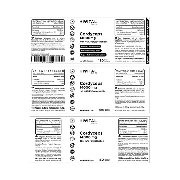Cordyceps 14000 mg. 180 gélules végétaliennes pour 3 mois. Cordyceps Sinensis CS-4 avec 40% de polysaccharides. Extrait Natur