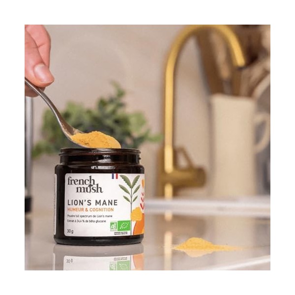 Poudre Criniere de Lion Champignon Bio - 30g Vegan - Cerveau, Bien-Être, Stabilité Humeur - Se Mélange à Alimentation ou Bois