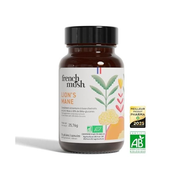 Criniere de Lion Champignon - 56 Gélules Vegan - Pour le Cerveau, Bien-Être, Stabilité Humeur - 1 à 2 Gélules/Jour - Lions Ma