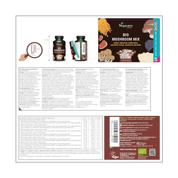 Complexe 7 Champignons BIO | Avec Extraits Biologiques : Lions mane, Maïtaké, Shiitake, Cordyceps, Reishi, Chaga, Agaricus |