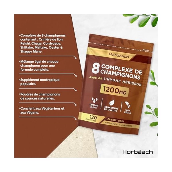 Complexe de 8 Champignons 1200 mg | Mushroom Supplement | Lions Mane, Chaga, Cordyceps, Reishi, Shiitake, Maitake, Shaggy Man