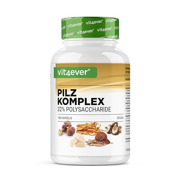 Complexe de champignons - 180 gélules. 1500 mg dextrait par dose journalière - 32% de polysaccharides - Crinière de lion He