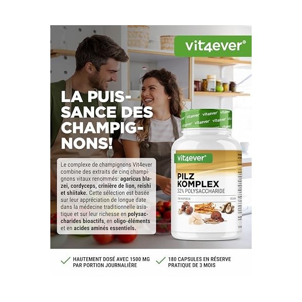 Complexe de champignons - 180 gélules. 1500 mg dextrait par dose journalière - 32% de polysaccharides - Crinière de lion He